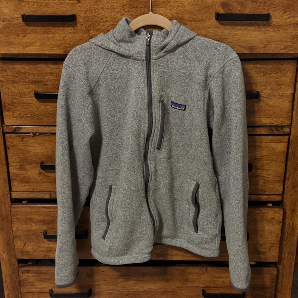 Patagonia full zip hoodie. Grey scale.